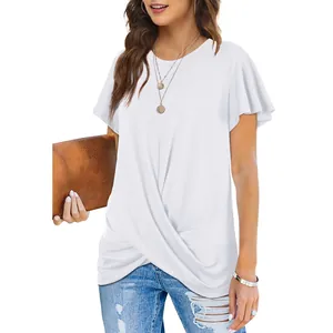 Casual white crew neck short sleeve T-shirt featuring a stylish front twist knot detail