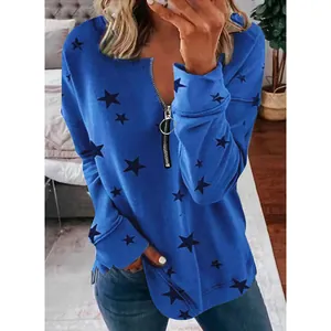Casual blauw sweatshirt met lange mouwen, sterrenprint en detail met ringritssluiting