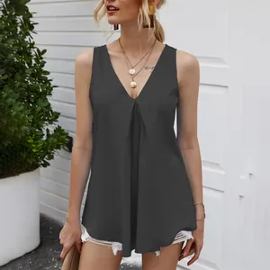 Stylish dark grey V-neck pleated chiffon tank top shown on a model in an outdoor setting