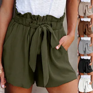Women Cotton Spandex High Waist Paperbag Shorts Casual Wide Leg Summer Shorts Belt Pockets Solid Color Loose Bottom Shorts