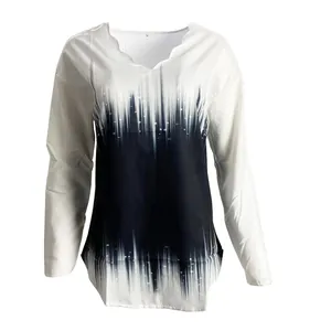 Women's elegant scalloped neckline blouse featuring black and white gradient print