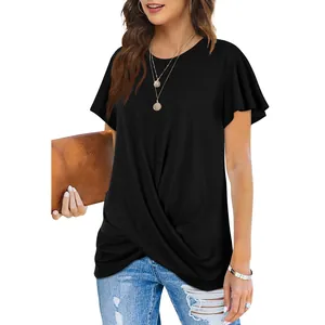 Detailed view of women's round neck T-shirt featuring a stylish front twist knot detail