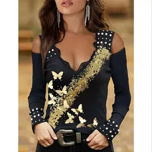 Sexy V-neck lace cold shoulder long sleeve top with golden butterfly pattern design.