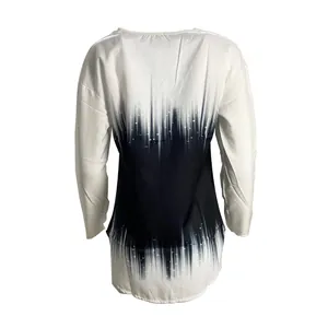 Back view of elegant long sleeve blouse with black and white abstract wave print