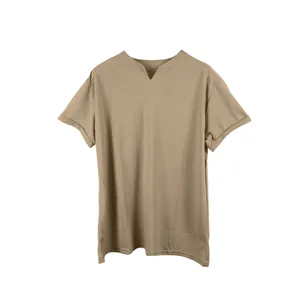 T-shirt sportiva da uomo in tinta unita kaki con scollo a V e maniche corte per l'estate