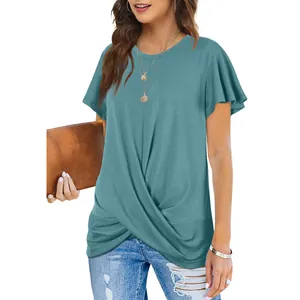 Front view detail of a teal round neck T-shirt with a stylish twist knot hem