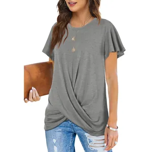 Detailed view of grey short sleeve T-shirt with front twist knot and crewneck design.