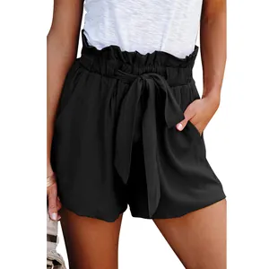 Casual women's black paperbag waist shorts with tie belt and pockets loose fit style