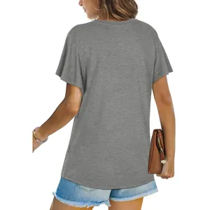 Back view of a casual gray women's short sleeve T-shirt with ruffled sleeve detail