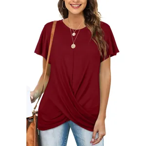 Stylish women's solid wine red round neck T-shirt featuring a chic front twist knot detail.