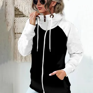 Stylish women's black and white color-block zip-up fleece hoodie for autumn and winter.