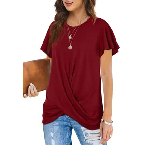 Detailed view of women's wine red twist front short sleeve round neck t-shirt style