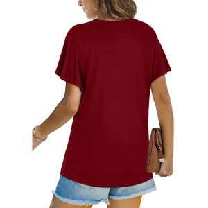 Back view of a casual women's wine red crewneck solid color short sleeve T-shirt