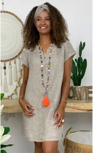 Bohemian style loose V-neck short sleeve woven linen dress in natural grey