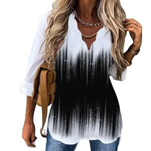 Elegant women's long sleeve blouse featuring a wavy V-neck and black and white abstract print