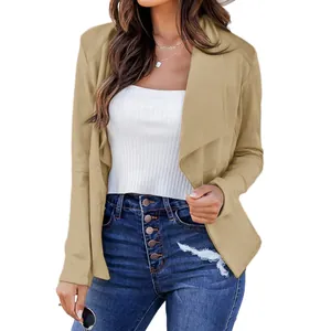 Chaqueta blazer casual para mujer en color caqui con cuello de solapa y diseño abierto