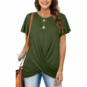 Detail view of women's olive green twist front short sleeve T-shirt with round neck