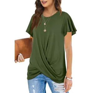 Detail of olive green women's T-shirt featuring a twist front hem and flutter sleeves