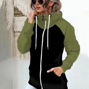 Women's two-tone green and black fleece hoodie with full zip and drawstring detail view