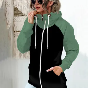 Detailed close-up view of women's raglan sleeve fleece hoodie featuring high funnel neck
