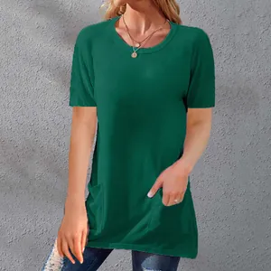 Casual dark green short sleeve T-shirt with crew neck and front pockets detail