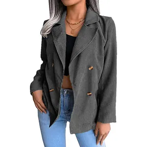 Stilvoller grauer Cord-Casual-Blazer für Damen mit Revers und braunen Knopfsätzen