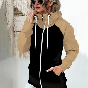 Casual women's two-tone zip-up hoodie featuring khaki sleeves and a black body.