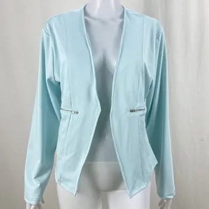 Front view of a light blue long-sleeve casual blazer for women featuring waist zipper details