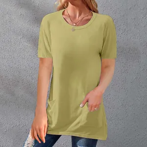 Detail view of a loose-fit olive green crew neck T-shirt for women with functional side pockets