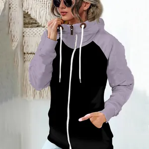 Detailed view of women's thick fleece-lined zip-up hoodie featuring a purple high neck design