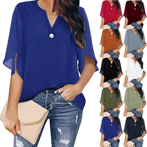 Damen Elegant V-Ausschnitt Chiffon Bluse Locker Kurzarm Geschlitzter Ärmel Einfarbig Pullover Top Pendler Mode Lässiges Hemd