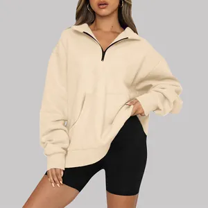 Felpa oversize albicocca con mezza zip e tasca frontale per donna, stile casual