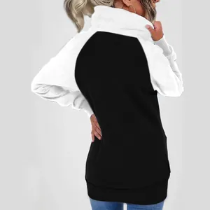 Back view of women's fleece raglan sweatshirt with turtleneck in black and white