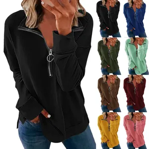 Damen Herbst Winter Revers Halber Reißverschluss Sweatshirt Einfarbig Langarm Lockeres Top Lässiger Pullover Seitenschlitz