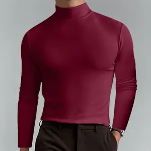 T-shirt da uomo bordeaux a maniche lunghe con collo alto, vestibilità slim elasticizzata