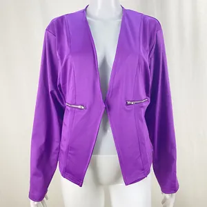 Detailed view of women's purple casual blazer with side zippers for autumn fashion.