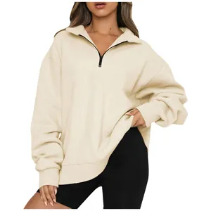 Women's oversized beige half-zip sweatshirt with long sleeves for casual autumn wear
