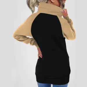 Back view of women's color-block fleece hoodie in khaki and black, loose fit style.