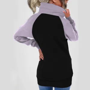 Back view of women's color block oversized fleece sweatshirt in black and lavender