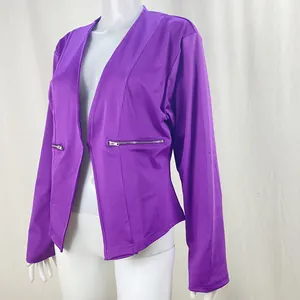 Detailed close-up view of the purple casual women's blazer with silver zipper pockets