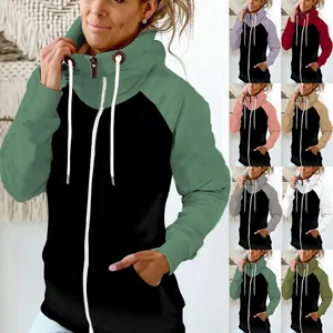 Women's color block fleece hoodie detail showing multiple color options for autumn