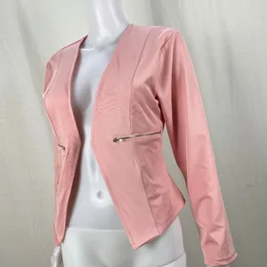 Close-up detail of a pink casual blazer for women featuring stylish silver zipper accents