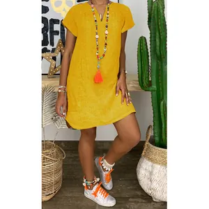 Casual loose yellow V-neck woven short sleeve summer boho dress for resort vacation