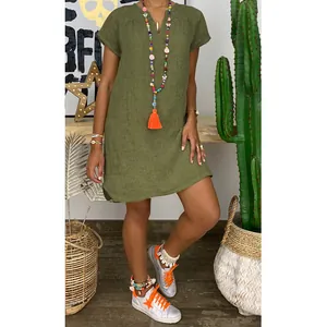 Women's casual olive green V-neck short sleeve woven loose mini dress for summer