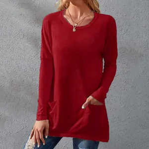 Women's dark red long sleeve round neck T-shirt featuring functional side pockets