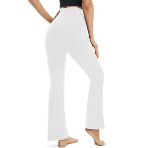 Back view of white high-waist flared yoga pants showing slim fit and bootcut silhouette