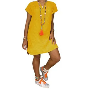Vibrant yellow short sleeve V-neck loose fit casual solid color woven dress for summer
