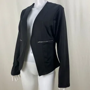 Women's chic black blazer with decorative side zippers, elegant casual autumn jacket outfit