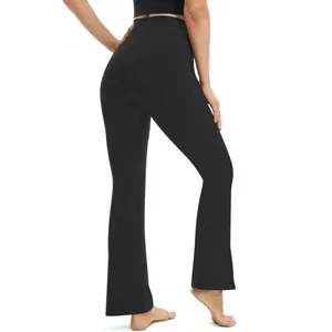 Back view detail of black flared yoga pants showing high waist and slim leg cut