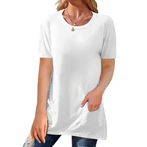 Casual women's loose white short sleeve T-shirt with crew neck and front pockets